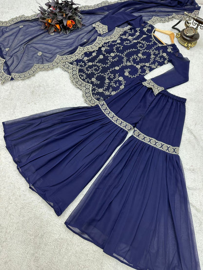 Glimmering Navy Blue Color Embroidery Work Sharara Suit