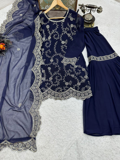 Glimmering Navy Blue Color Embroidery Work Sharara Suit