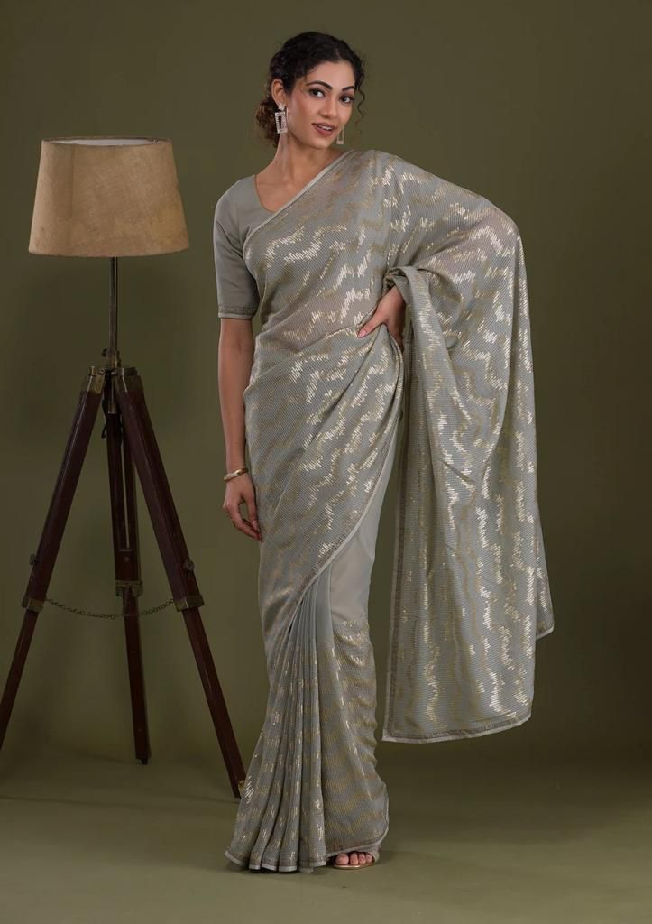 Occasion Wear Grey Color Beautiful Work Saree