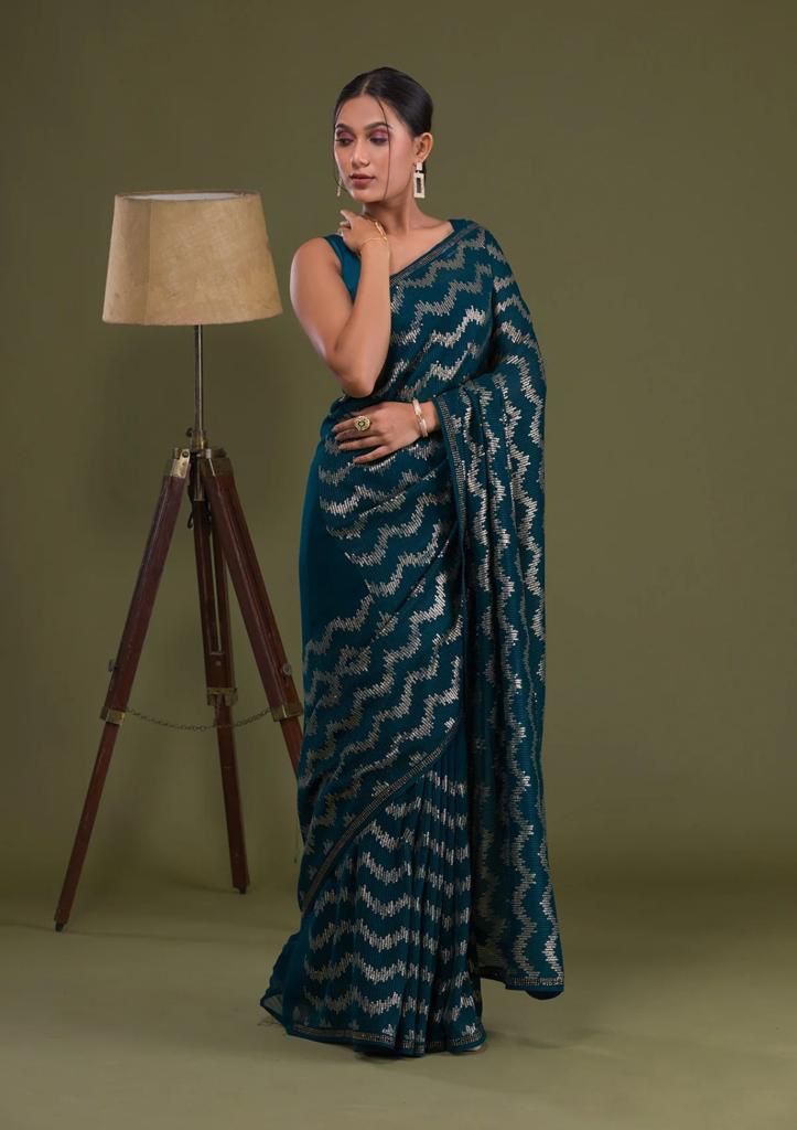 Occasion Wear Teal Blue Color Beautiful Work Saree