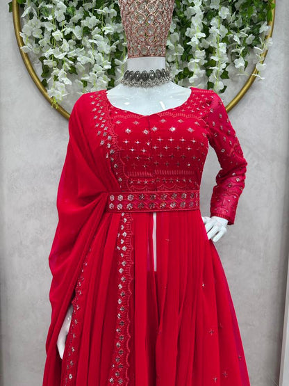 Wonderful Red Color Long Gown With Sharara