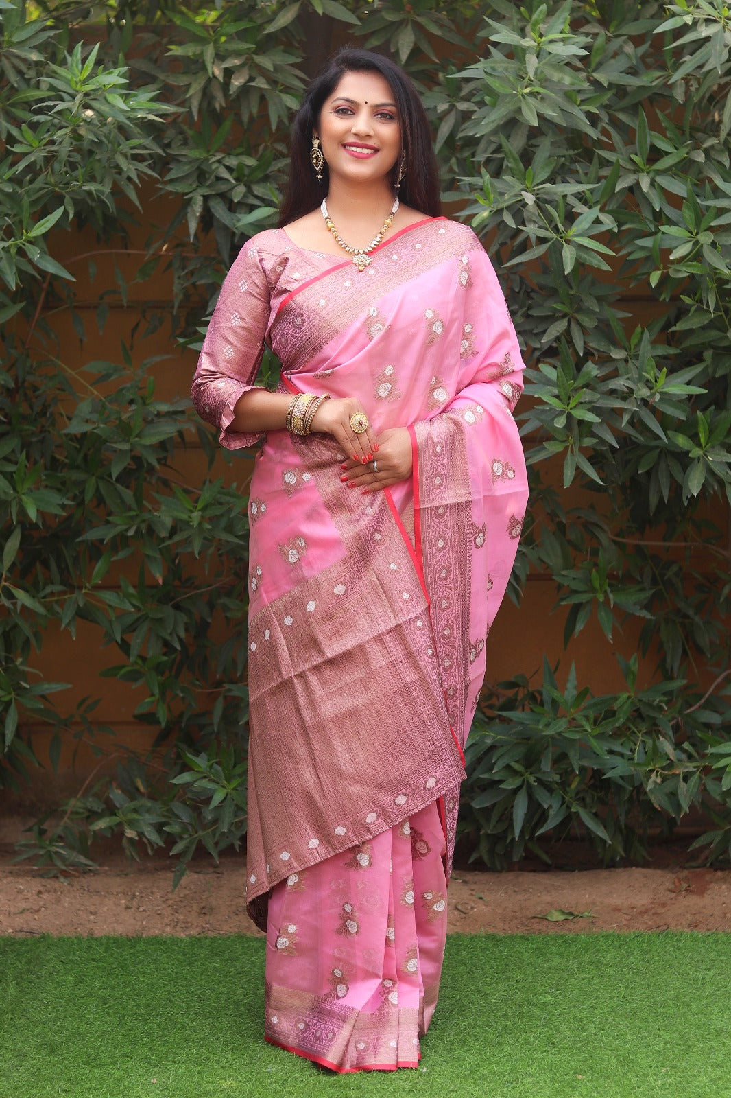 Organza Pink Color Wedding Wear Saree