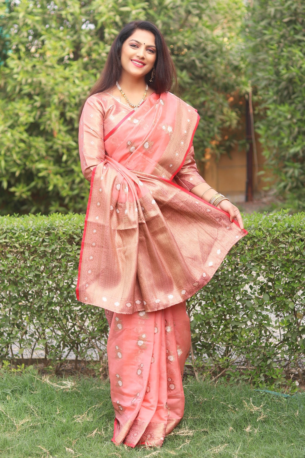 Organza Peach Color Wedding Wear Saree