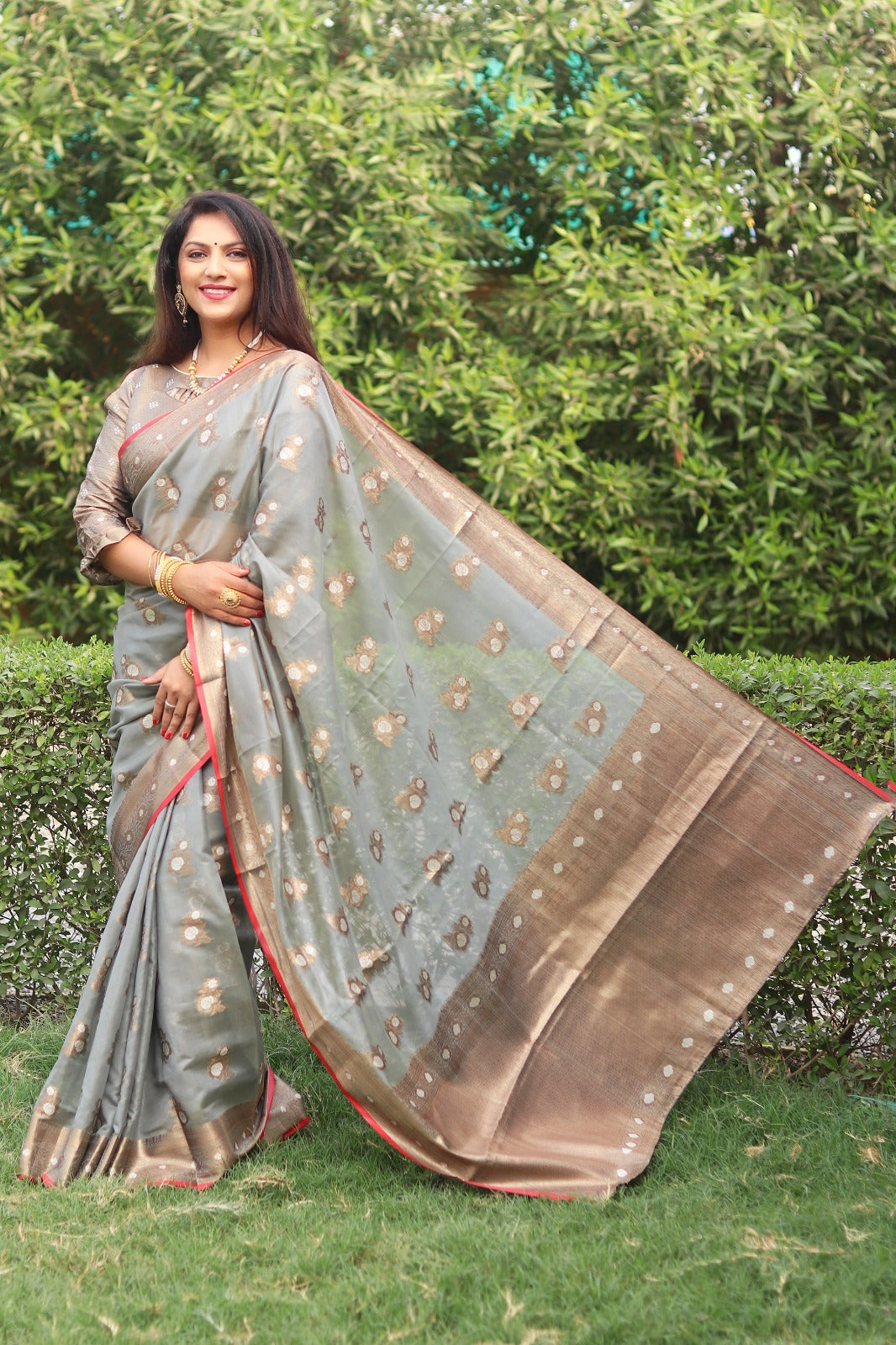 Organza Grey Color Wedding Wear Saree