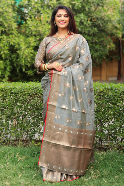 Organza Grey Color Wedding Wear Saree