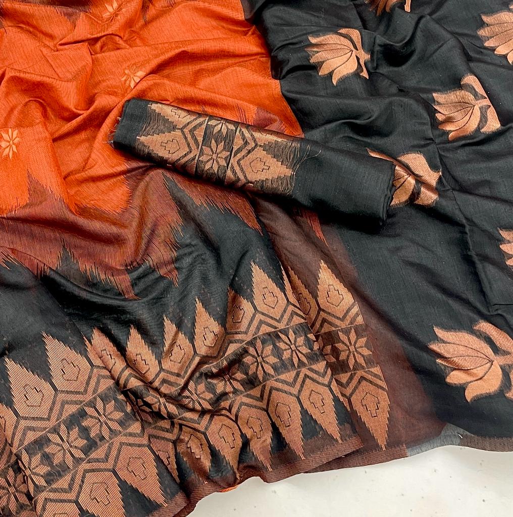 Traditional Wear Black With Orange Color Saree