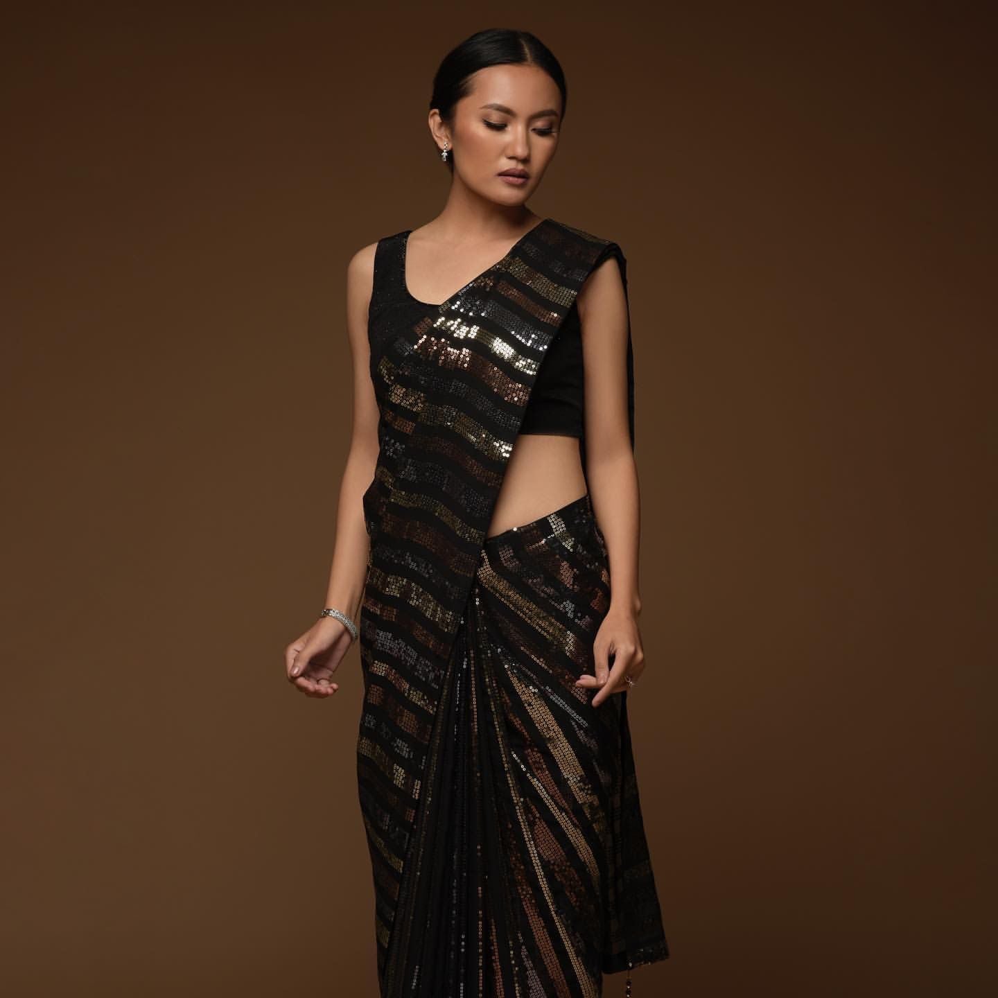 Double Run Sequence Work Black Color Saree