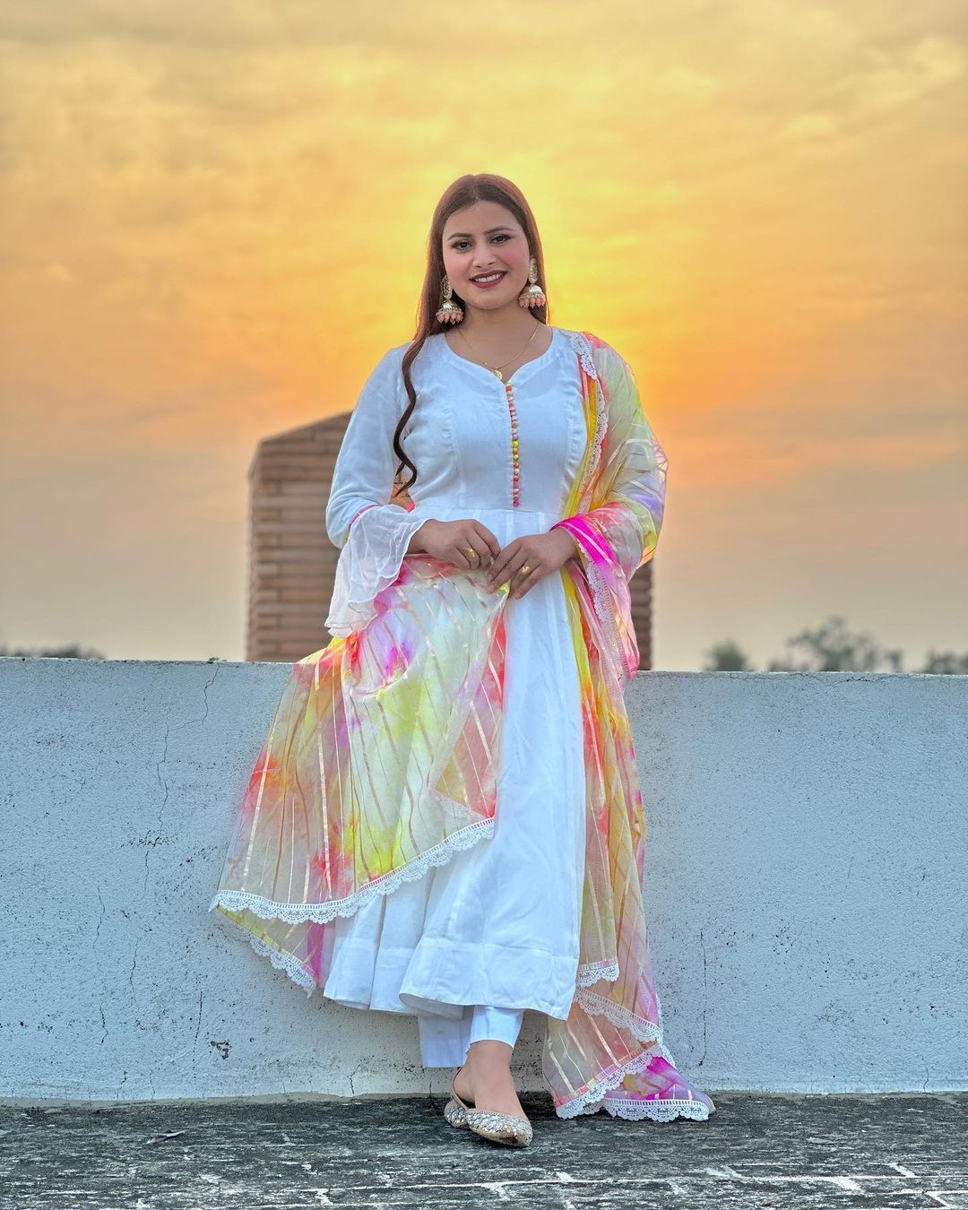 White Color Anarkali Gown With Beautiful Dupatta