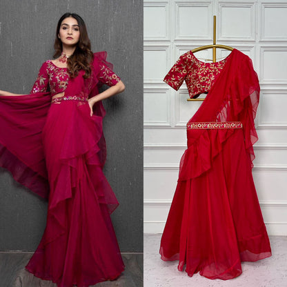 Party Wear Red Color Ruffled Pallu Lehenga Saree