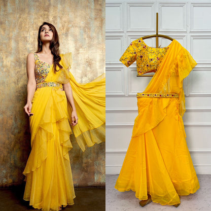 Party Wear Yellow Color Ruffled Pallu Lehenga Saree