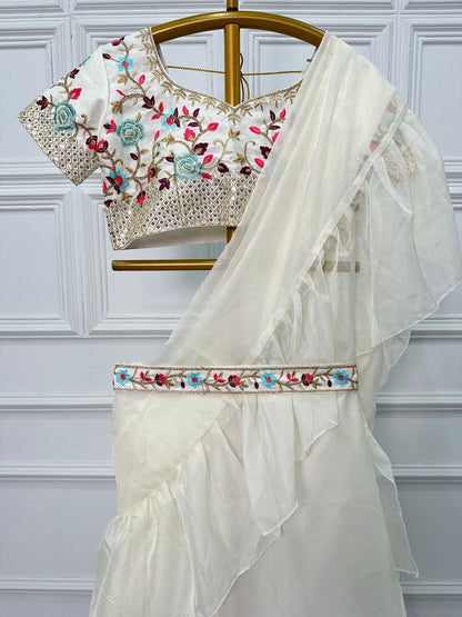 Party Wear White Color Ruffled Pallu Lehenga Saree