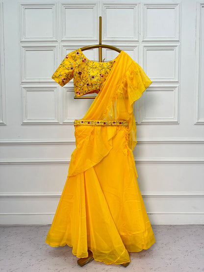 Party Wear Yellow Color Ruffled Pallu Lehenga Saree