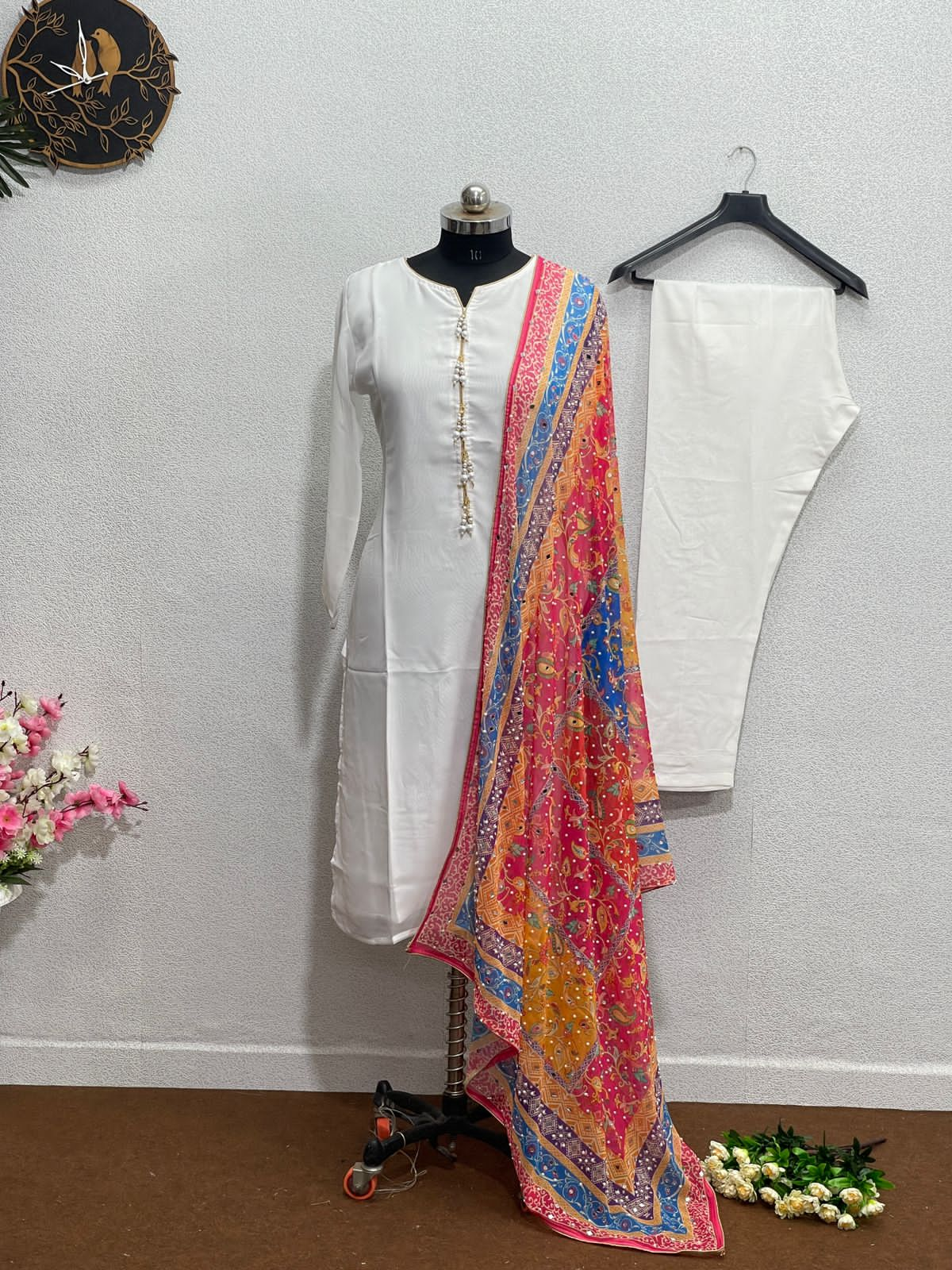 Digital Print Multi Color Dupatta With White Kurti Set