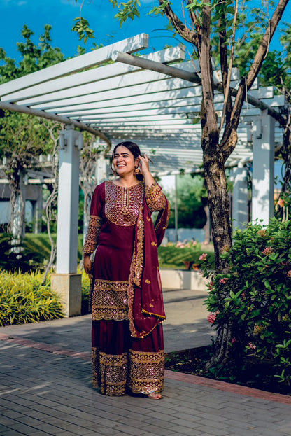 Glimmering Sequence Work Wine Color Sharara Suit