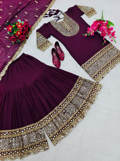 Glimmering Sequence Work Wine Color Sharara Suit