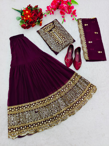 Glimmering Sequence Work Wine Color Sharara Suit