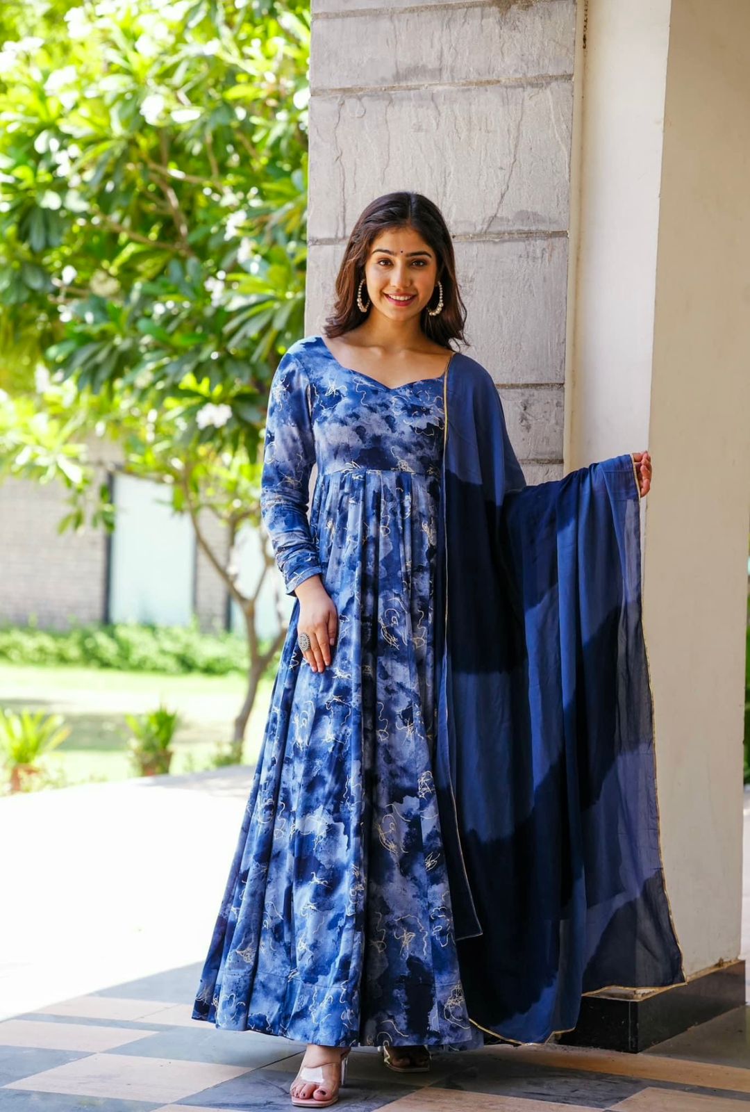 Captivating Navy Blue Digital Print Work Anarkali Gown