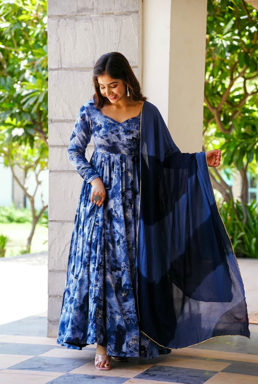 Captivating Navy Blue Digital Print Work Anarkali Gown