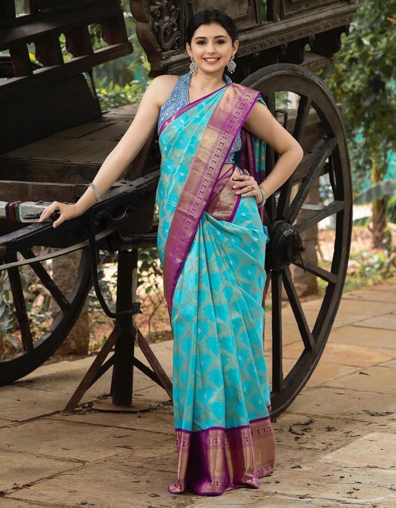 Stylish Golden Jari Design Sky Blue Color Saree