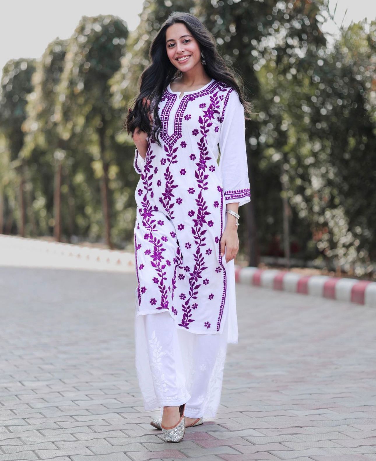 Casual Wear Purple Color Thread Work Kurti With Palazzo