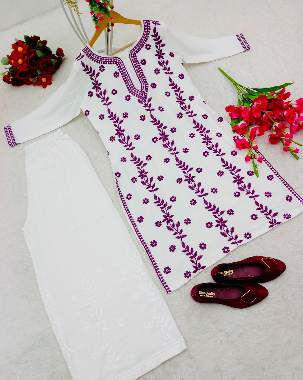 Casual Wear Purple Color Thread Work Kurti With Palazzo