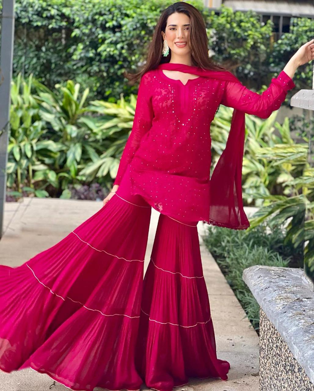 Function Wear Embroidery Pink Color Sharara Suit