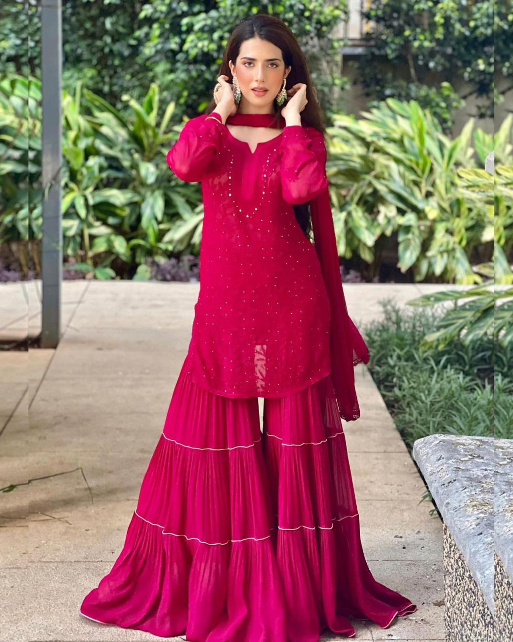 Function Wear Embroidery Pink Color Sharara Suit