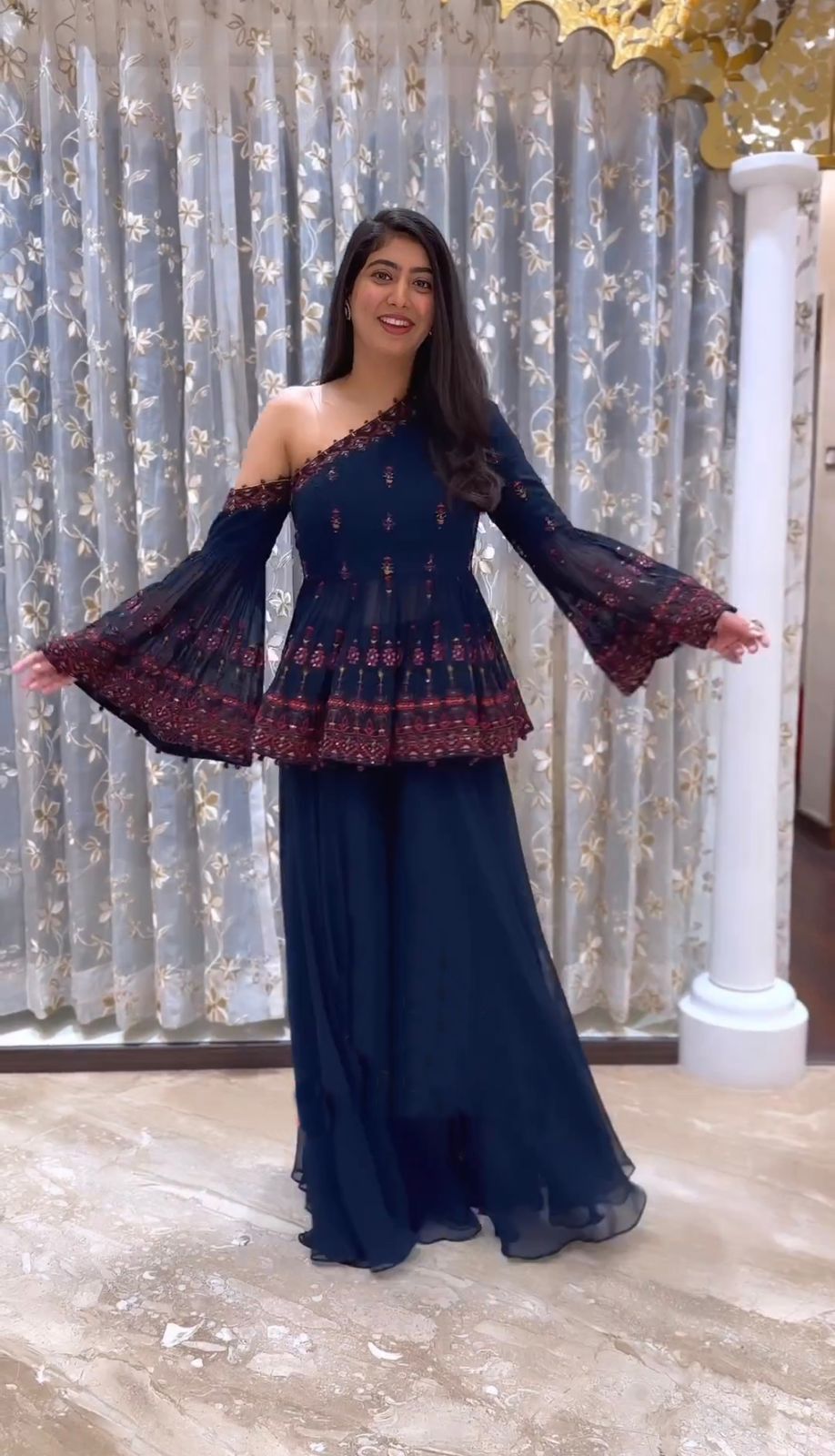 Lovely Sequence Navy Blue Color Top With Sharara