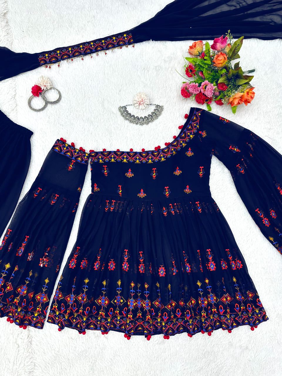 Lovely Sequence Navy Blue Color Top With Sharara