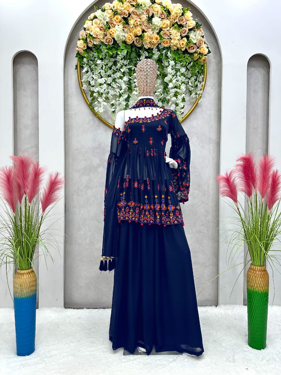 Lovely Sequence Navy Blue Color Top With Sharara