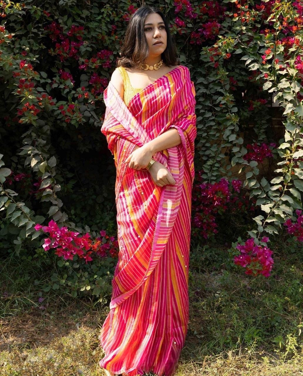 Pink With Yellow Color Handwork Saree