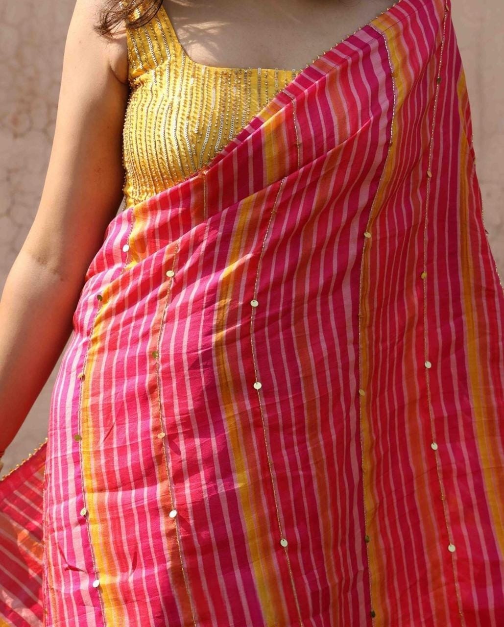 Pink With Yellow Color Handwork Saree