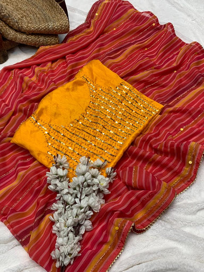 Pink With Yellow Color Handwork Saree