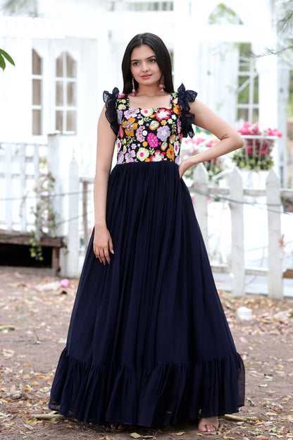 Party Wear Navy Blue Color Embroidered work Gown