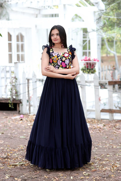 Party Wear Navy Blue Color Embroidered work Gown