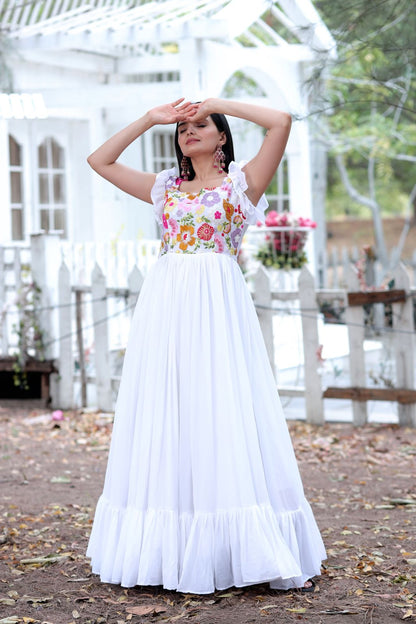 Party Wear White Color Embroidered work Gown