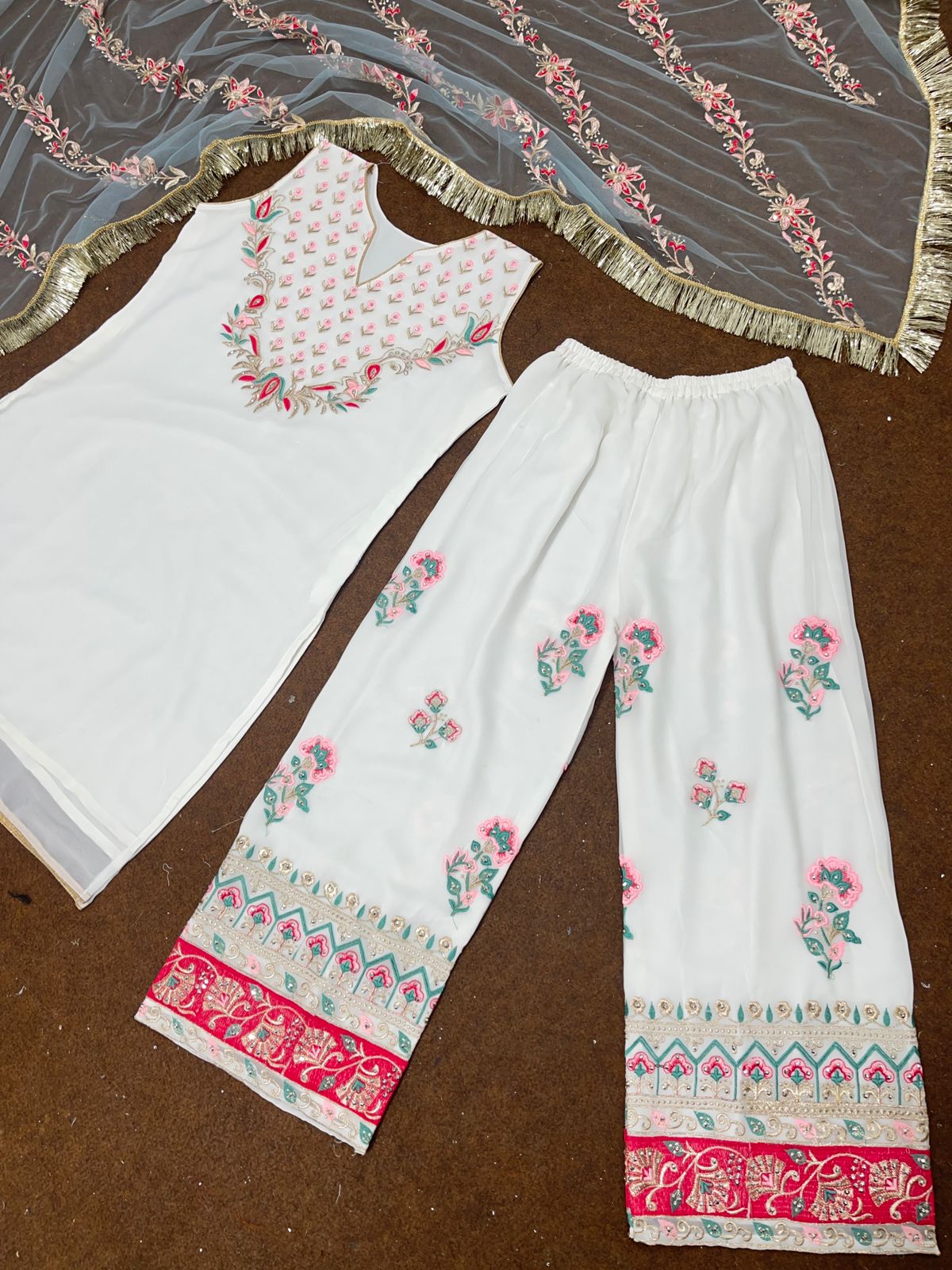 Wonderful Dimond Work White Color Palazzo Suit