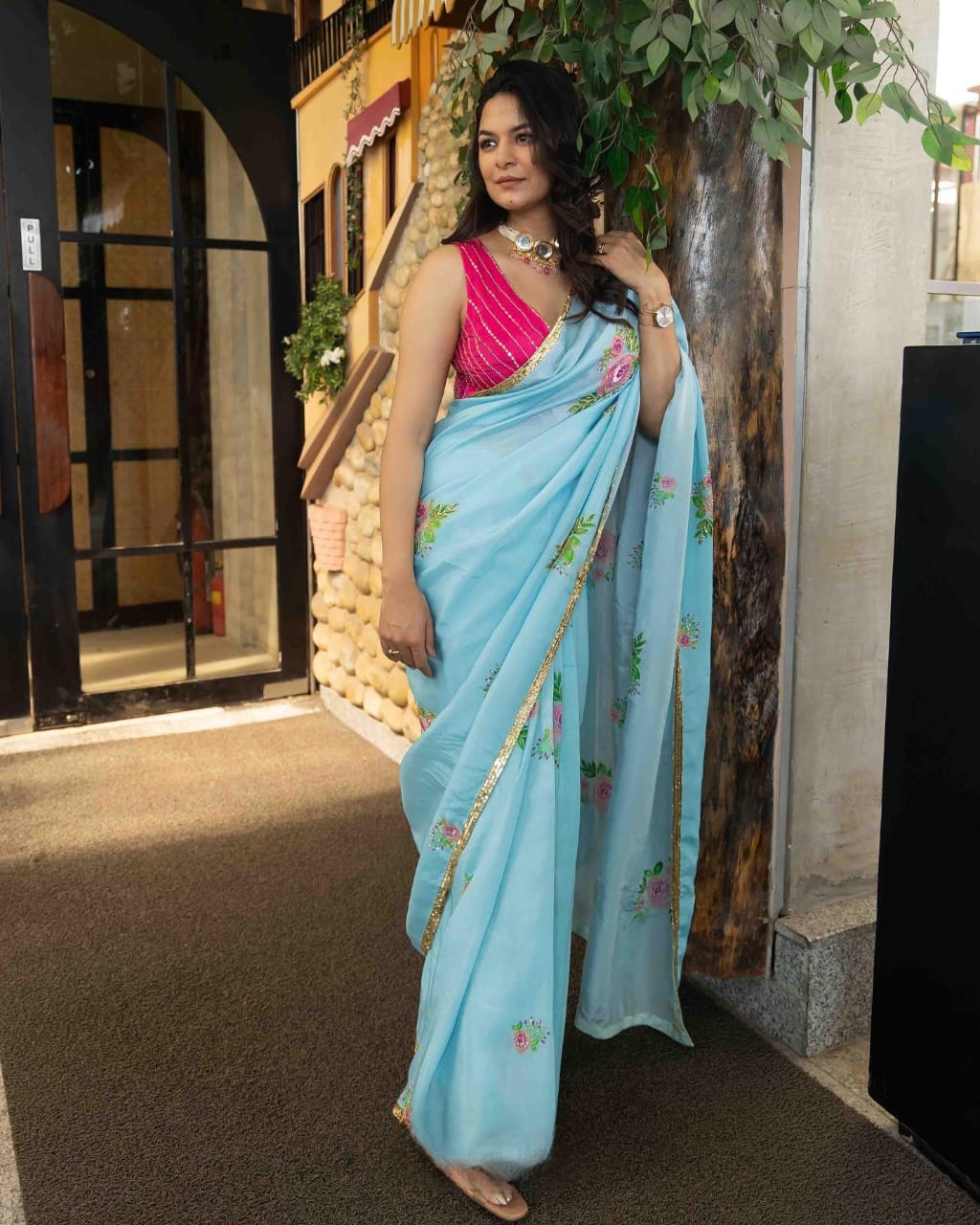 Wedding Wear Handwork Sky Blue Color Saree