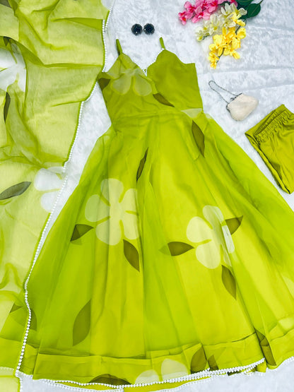 Organza Silk Parrot Green Color Anarkali Suit