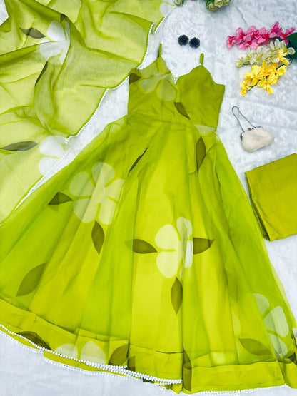 Organza Silk Parrot Green Color Anarkali Suit