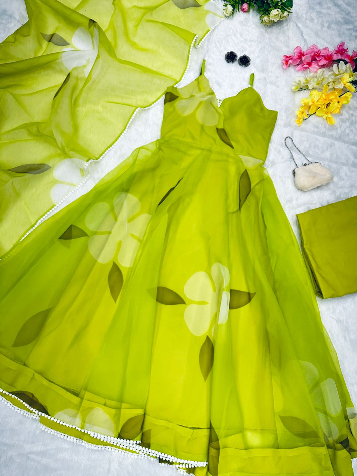 Organza Silk Parrot Green Color Anarkali Suit