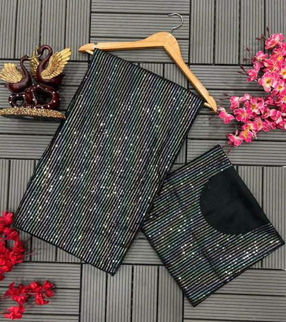 Stylish Multi Sequence Work Black Color Saree