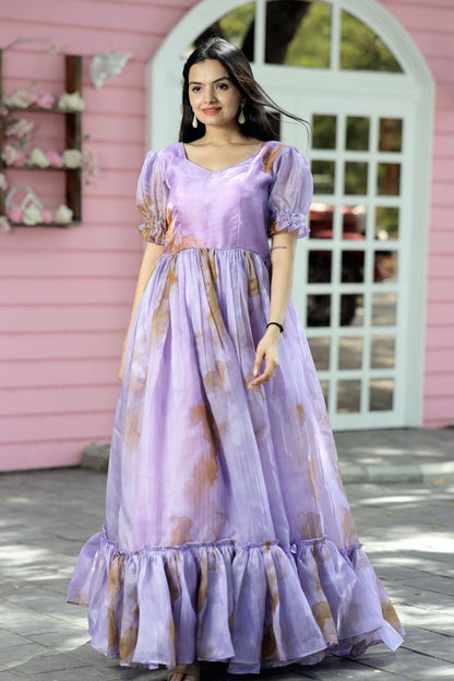 Fancy Puff Sleeves Lavender Color Gown