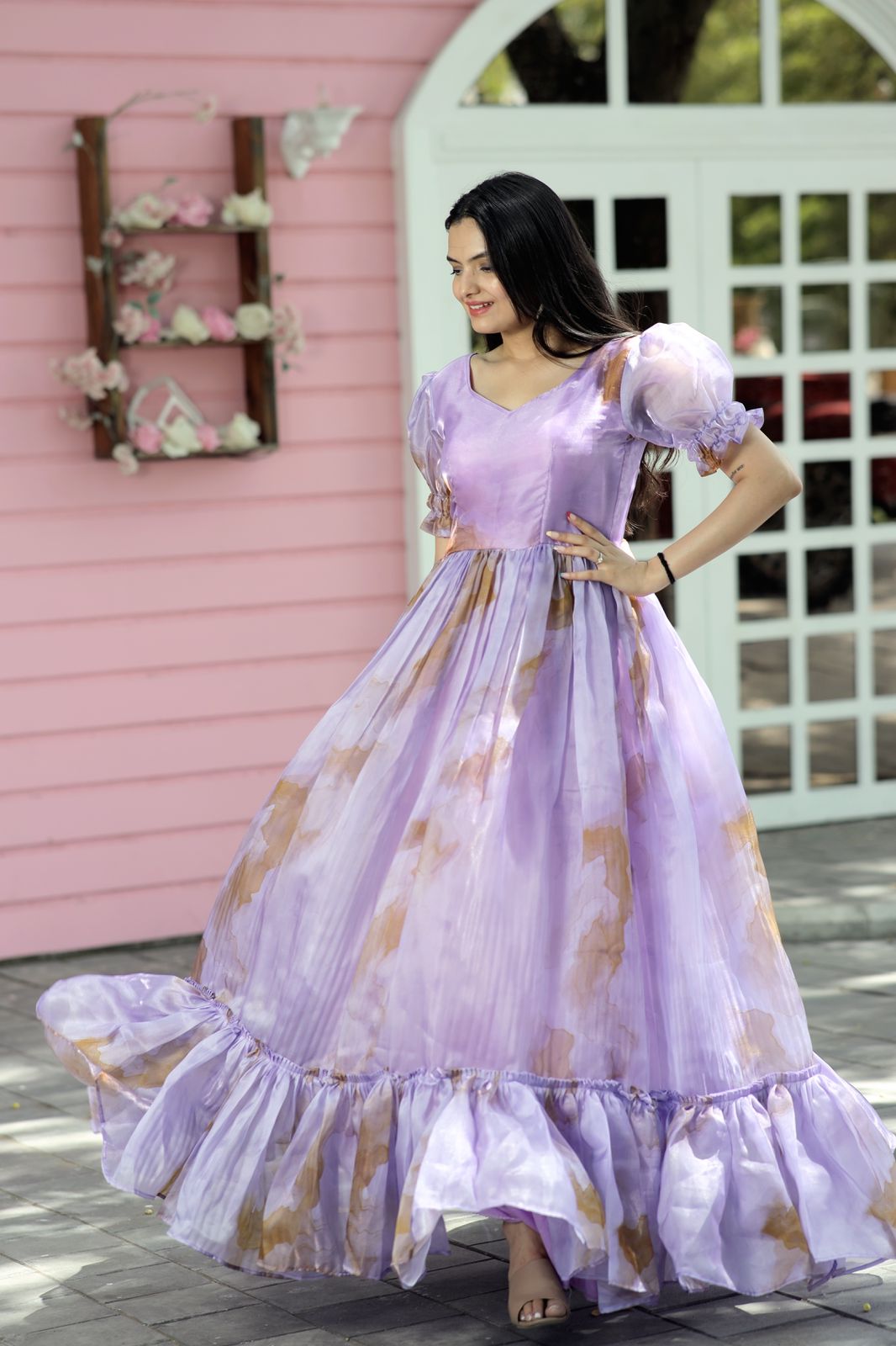 Fancy Puff Sleeves Lavender Color Gown