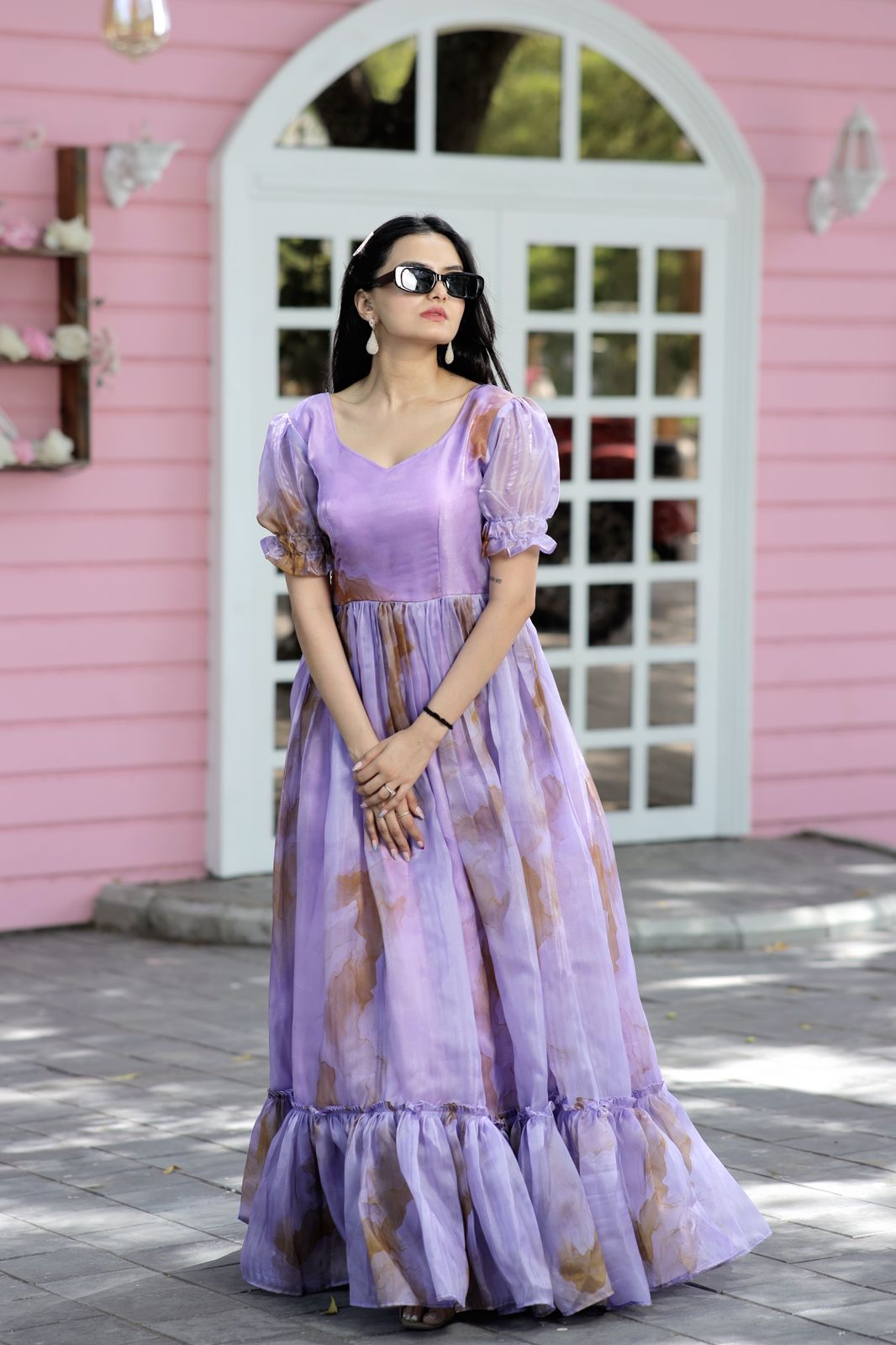 Fancy Puff Sleeves Lavender Color Gown