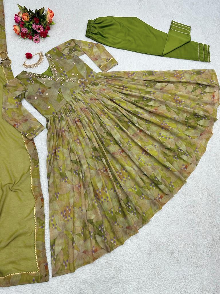 Pretty Hand Work Green Color Anarkali Gown