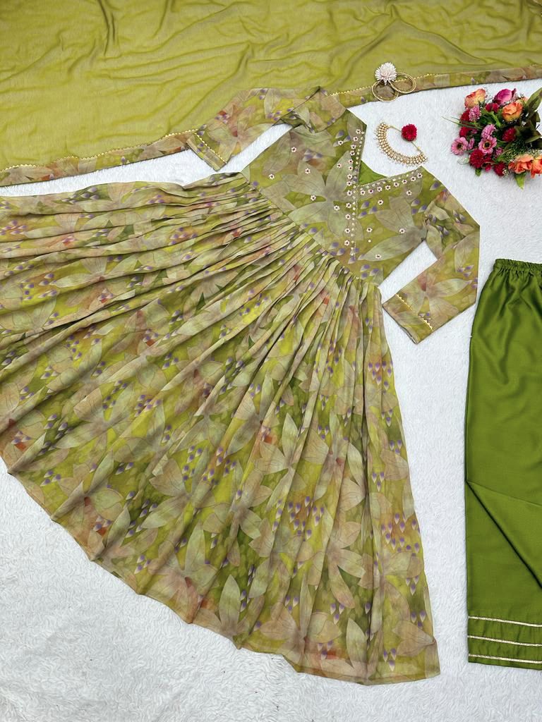 Pretty Hand Work Green Color Anarkali Gown