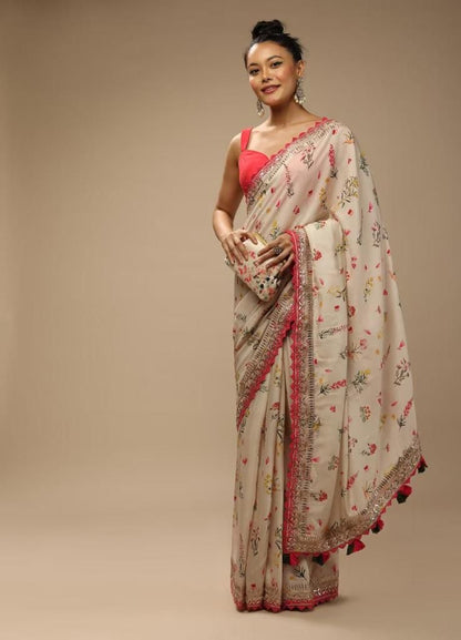 Beautiful Floral Print White Color Saree