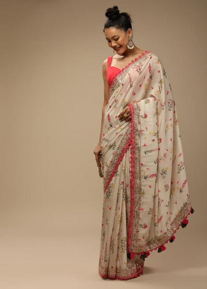 Beautiful Floral Print White Color Saree