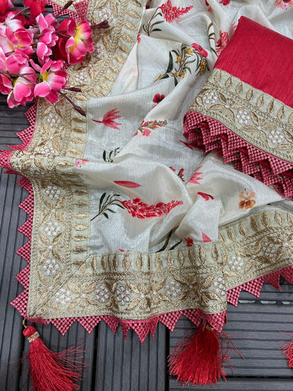 Beautiful Floral Print White Color Saree